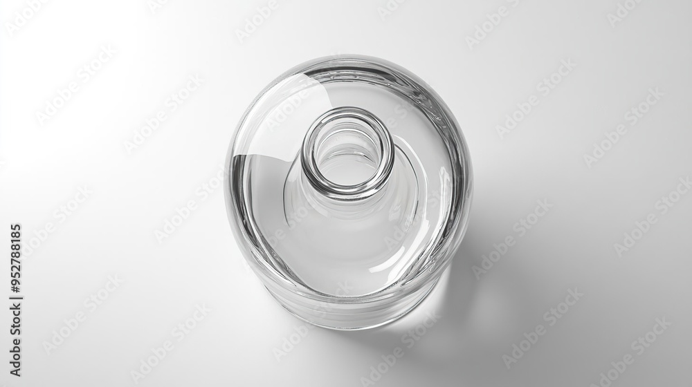 A clear glass object with a circular base and a narrow neck, possibly a vase or container. A clear glass object with a circular base and a narrow neck, possibly a vase or container.