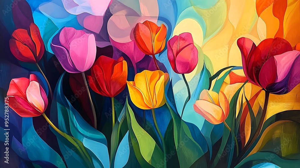 Abstract Painting of Colorful Tulips with Blue, Green, and Yellow Background Abstract Painting of Colorful Tulips with Blue, Green, and Yellow Background