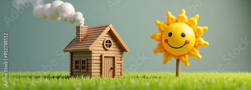 illustrazione di paesaggio primaverile con prato verde e piccola  casa in legno