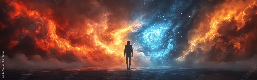 Man Standing Between Fiery Past and Serene Future Man Standing Between Fiery Past and Serene Future