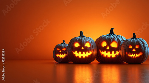 Spooky jack o lantern pumpkins on an orange background, halloween theme banner or card photo