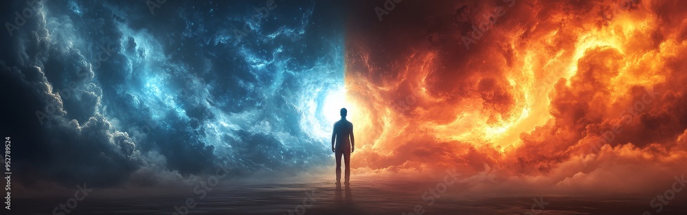 Man Standing Between Fiery Past and Serene Future
