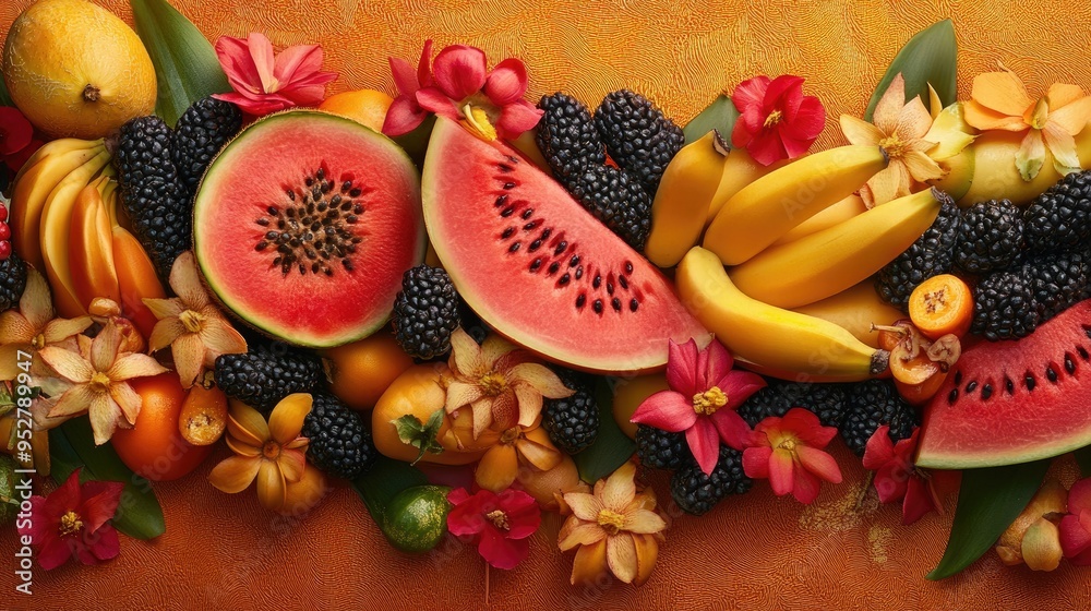 Papaya, banana, watermelon, plate. Generative AI Papaya, banana, watermelon, plate. Generative AI
