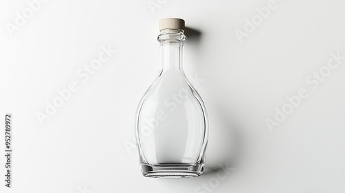 A clear glass bottle with a wooden cork, suitable for storing liquids.