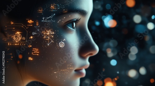 Detailed shot of a person face with a thoughtful expression, surrounded by floating icons and symbols representing various ideas and concepts.