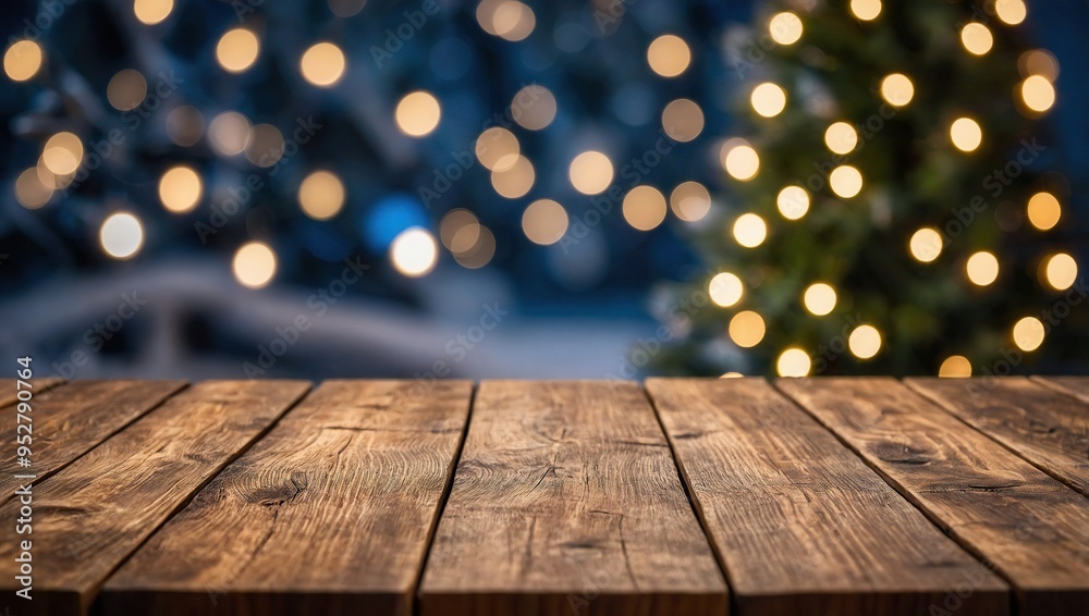 A wooden table that is empty with a background of Christmas trees. ready for montage of the product display A wooden table that is empty with a background of Christmas trees. ready for montage of the product display
