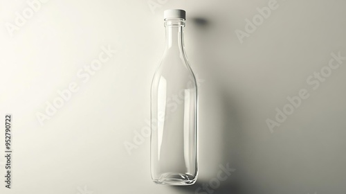 A clear glass bottle with a white cap, set against a light background.