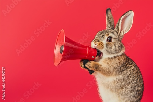 Cute Easter bunny holds a megaphone in its paws and shouts into the megaphone, set against a solid background. The scene promotes sales and discounts at a pet store or veterinary clinic.
