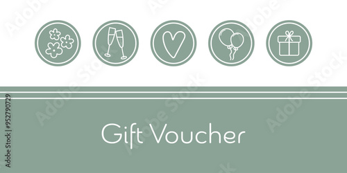Gift Voucher - Schriftzug in englischer Sprache - Geschenkgutschein. Karte in Salbeigrün und Weiß mit einem Herz, Sektgläsern m Luftballons, Geschenk und Blumen.