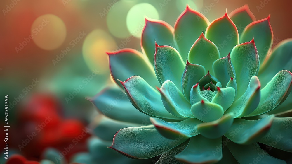 Fototapeta premium close-up of a vibrant green succulent with red-tipped leaves, beautifully illuminated, showcasing the plant's texture and symmetry against a softly blurred background.