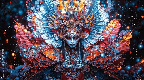 Vibrant digital art depicting a mystical figure with elaborate headdress and intense colors, creating a mesmerizing and surreal visual experience.