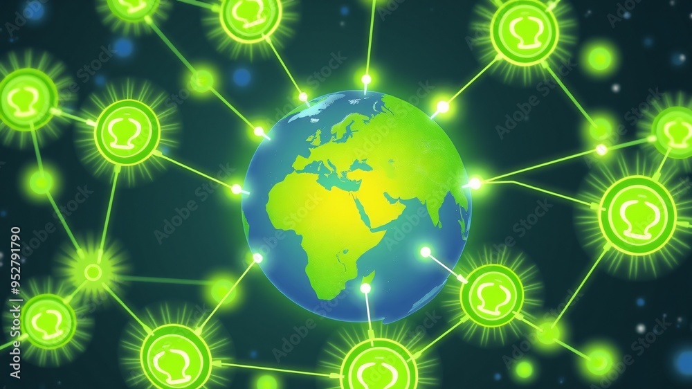 Obraz premium A vivid digital depiction of Earth surrounded by bright green nodes. This illustration signifies interconnectedness and the importance of sustainability in a modern, global context