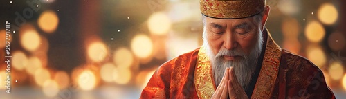 Elderly man in traditional attire praying with bokeh lights in the background. Capturing serenity and spirituality. photo