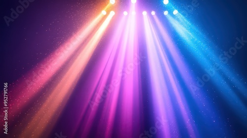 Colorful stage lights casting beams in various hues, creating a dynamic and lively atmosphere with a focus on vibrant light play.
