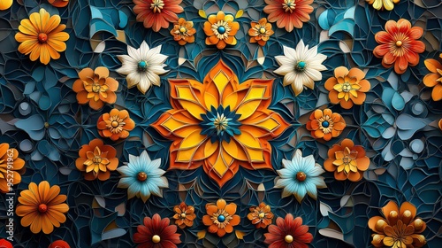 detailed, intricate floral mandala with layered petals in warm and cool tones, showcasing a vibrant, symmetrical design inspired by nature.