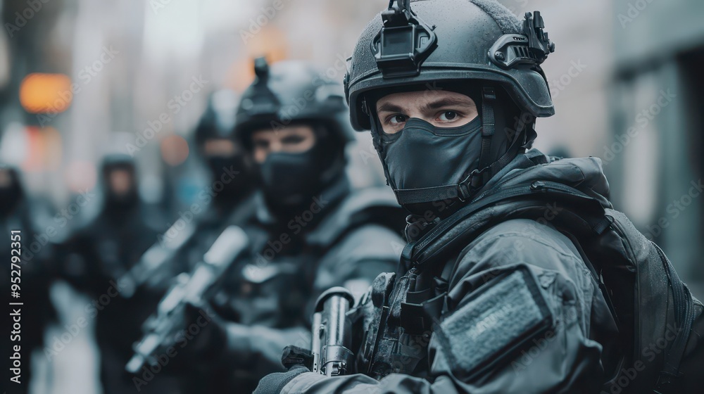 Armed officers in tactical gear patrol a city street in the evening Armed officers in tactical gear patrol a city street in the evening