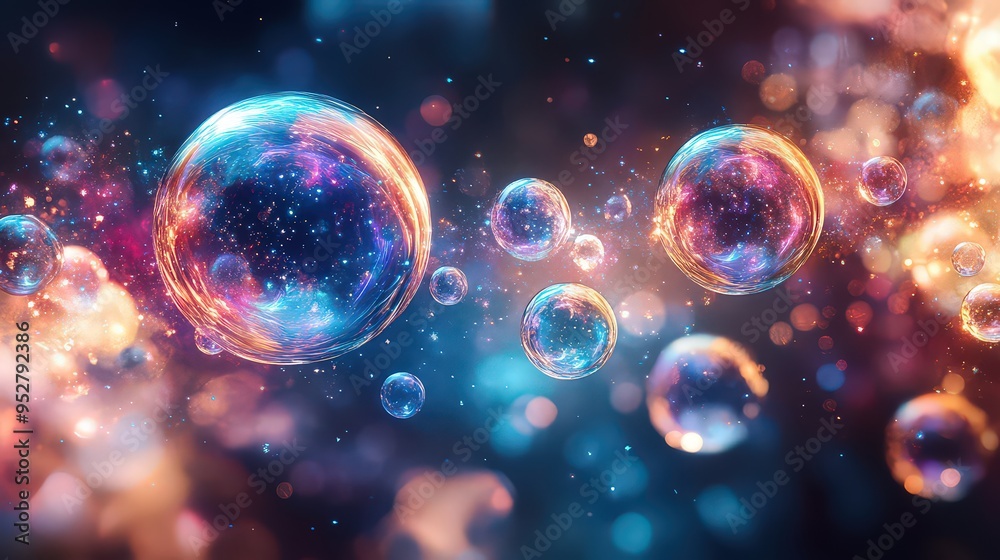 Fototapeta premium vibrant display of glowing, multicolored bubbles floating in a cosmic, abstract environment, creating a sense of wonder and imagination.