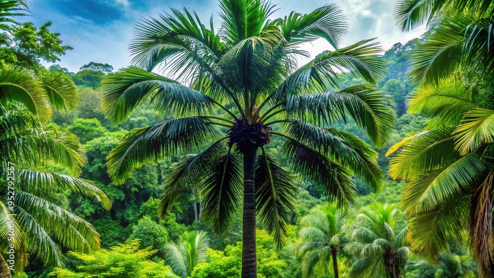 Fototapeta premium Majestic black palm tree stands tall amidst lush green foliage, its slender trunk and curved leaves swaying gently in the soft, warm tropical breeze.