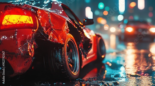  heavily damaged red car sits on a wet city street at night, with blurred traffic lights in the background, creating a dramatic, tense atmosphere.