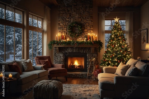 Christmas spirit in a cozy and inviting living space. Enjoy the roaring fireplace, plush chairs, flickering candles, and sparkling Christmas tree all set against a broad window photo