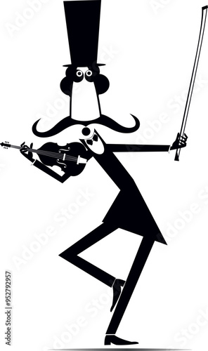 Cartoon violinist in the top hat. 
Cartoon long mustache violinist in the top hat. Black and white illustration

