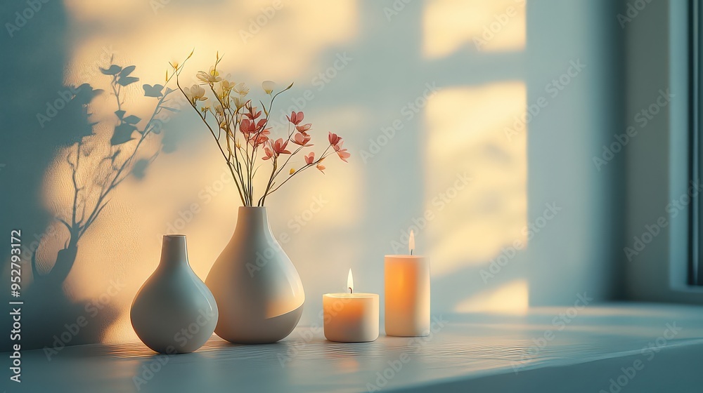A tranquil scene with candles and flowers on a windowsill, bathed in soft, warm light, creating a peaceful, serene atmosphere in a minimalist setting. A tranquil scene with candles and flowers on a windowsill, bathed in soft, warm light, creating a peaceful, serene atmosphere in a minimalist setting.