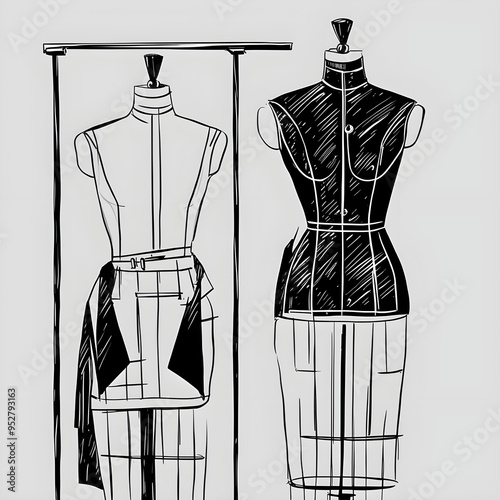 Women's sewing mannequin with technical lines for atelier, fashion boutique. Black- white female dummy tailor. Vector illustration Isolated on white background. Drawn by hand graphic sketch. 