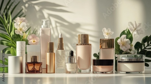 Elegant display of luxury cosmetic products including high-end skincare and makeup items, arranged artistically on a white background for a premium look