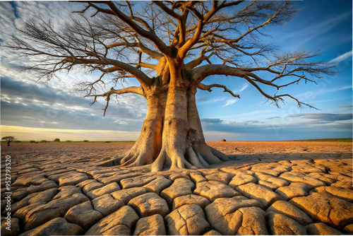 A large tree is standing in a desert with a cloudy sky in the background. The tree is surrounded by dry, cracked earth, giving the scene a desolate and barren appearance
