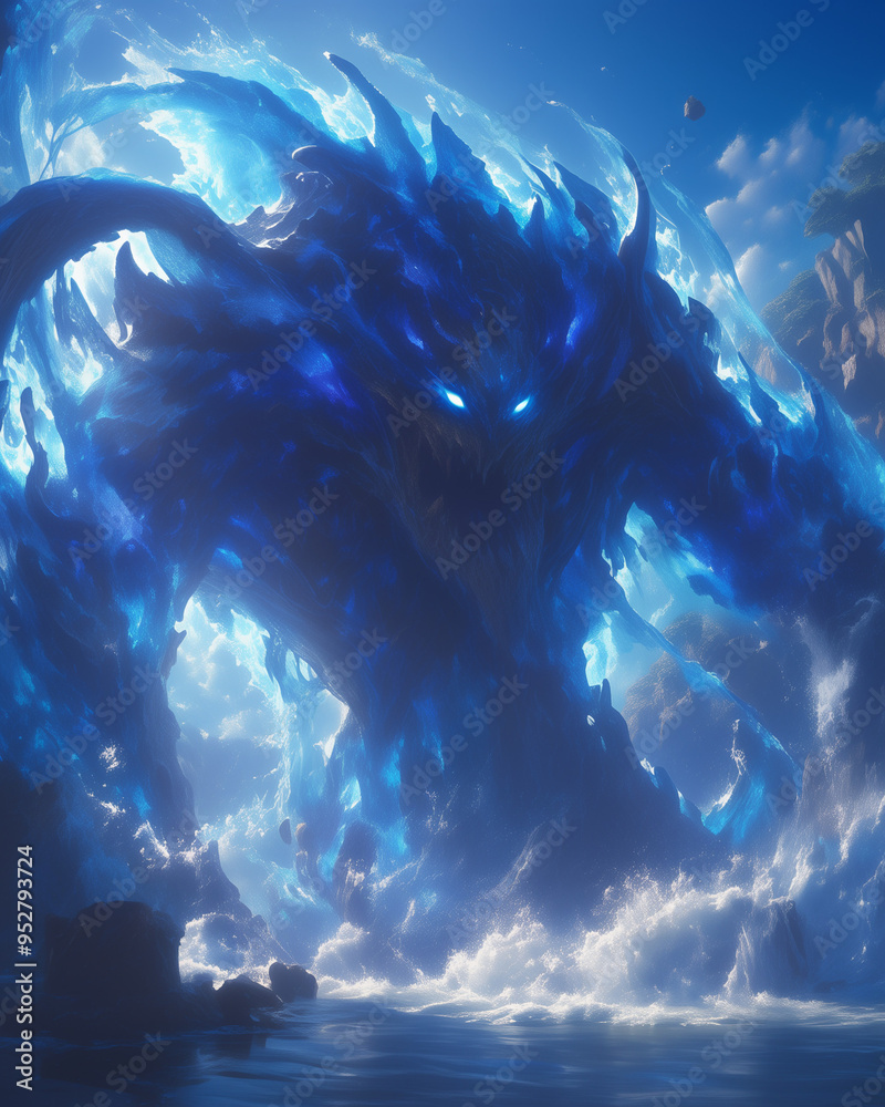 Fototapeta premium massive water elemental beast emerging from the ocean, glowing blue eyes, body made of churning waves and stormy energy