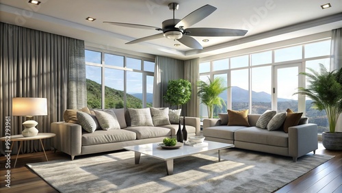 Modern ceiling fan with sleek white blades and chrome accents spins lazily above a comfortable living room with plush furnishings and natural lighting.