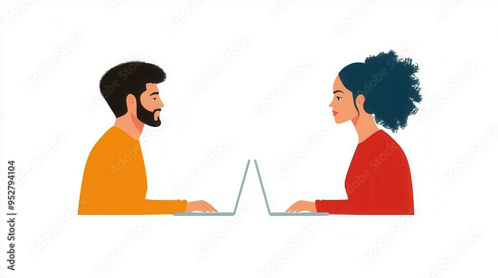 Fototapeta premium Teleworking flat design, front view, communication theme, water color, Complementary Color Scheme