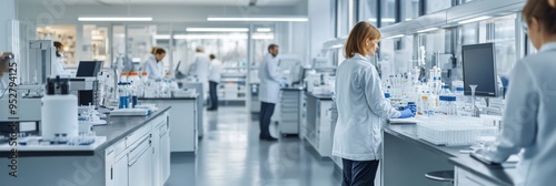 A team of scientists and technicians actively engages in pharmaceutical research within a modern, well-equipped laboratory, showcasing collaboration and innovation