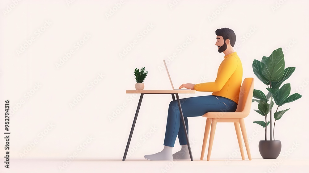 Fototapeta premium Teleworking flat design, side view, virtual connectivity theme, 3D render, Split-complementary color scheme