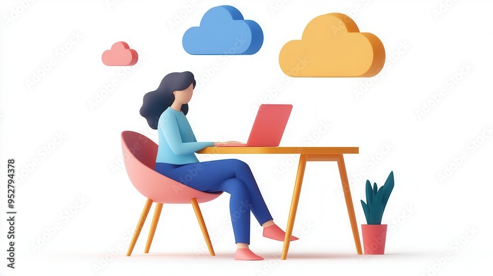 Fototapeta premium Teleworking flat design, side view, cloud-based virtual meetings theme, 3D render, Split-complementary color scheme