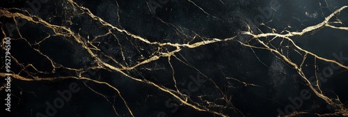 An exquisite pattern of deep black marble features delicate, shimmering gold veins that enhance the overall elegance. Perfect for high-end decorative applications