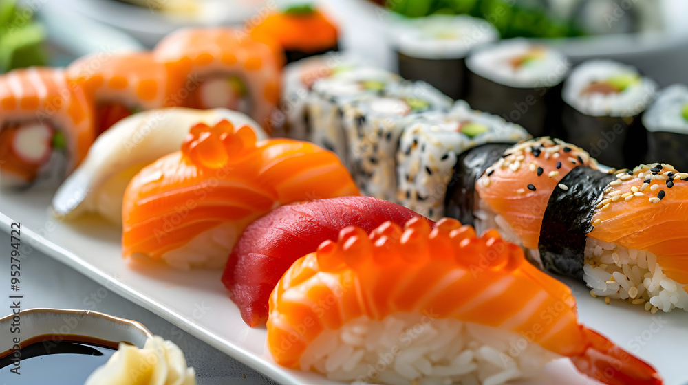 Exquisite Sushi Arrangement With Vibrant Ingredients Displayed On Elegant Platter At A Fine Dining Restaurant. Generative by AI Exquisite Sushi Arrangement With Vibrant Ingredients Displayed On Elegant Platter At A Fine Dining Restaurant. Generative by AI