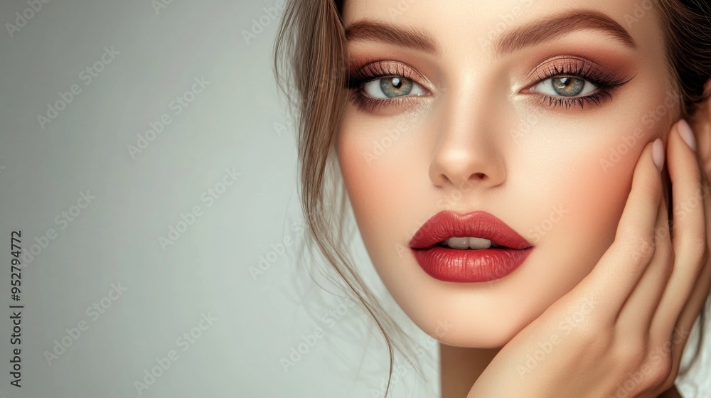 Elegant woman with expertly applied makeup, including smoky eyes and contouring, posing confidently in a stylish setting with a neutral background. Elegant woman with expertly applied makeup, including smoky eyes and contouring, posing confidently in a stylish setting with a neutral background.
