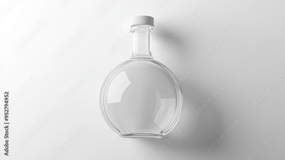 A clear glass bottle with a round body and a narrow neck, suitable for various liquids.