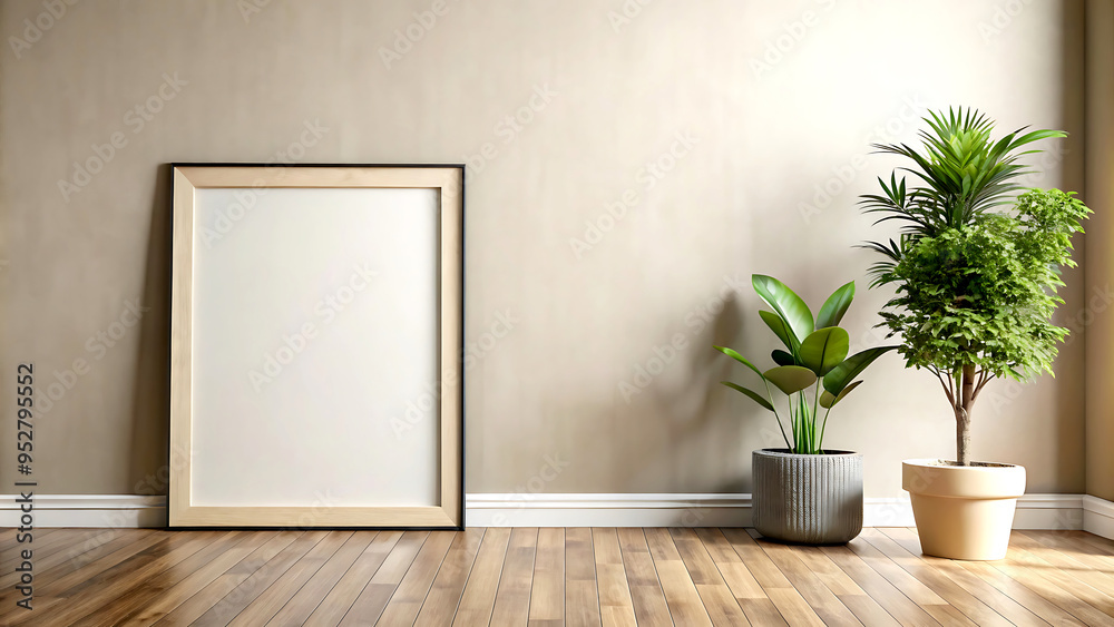Empty room interior background, beige wall, pot with plant, wooden flooring,Vertical black frame mockup, 3d rendering Empty room interior background, beige wall, pot with plant, wooden flooring,Vertical black frame mockup, 3d rendering