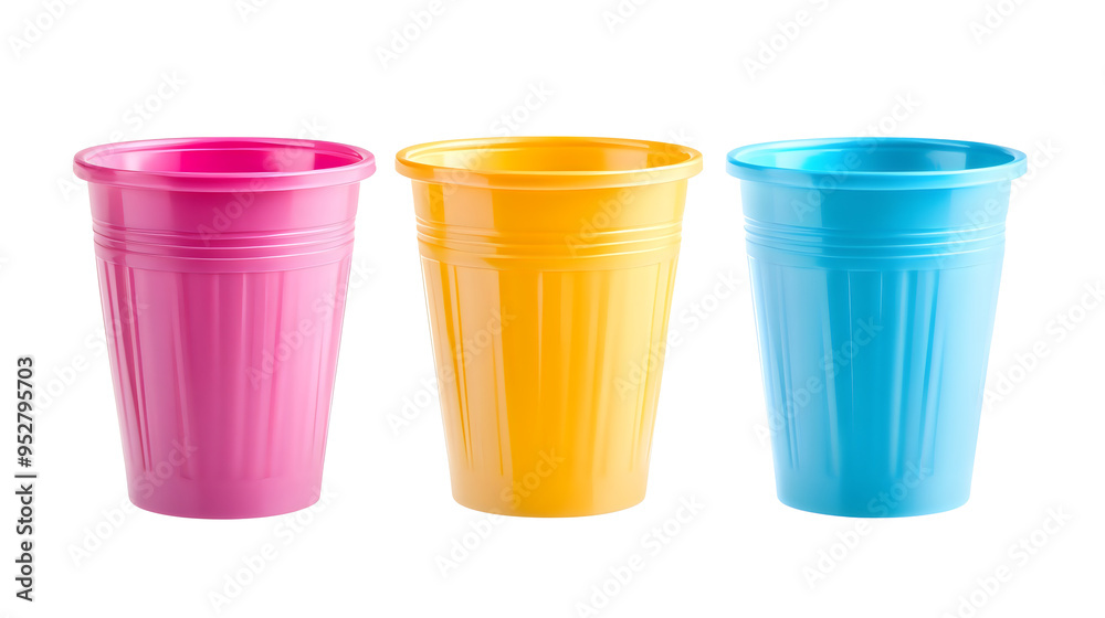 colorful plastic cups in vibrant pink, yellow, and blue isolated png transparent background colorful plastic cups in vibrant pink, yellow, and blue isolated png transparent background