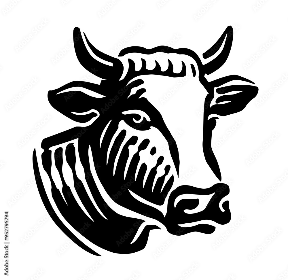 Portrait of farm cow head with horns emblem. Black and white drawing for milk packaging or restaurant grill menu Portrait of farm cow head with horns emblem. Black and white drawing for milk packaging or restaurant grill menu