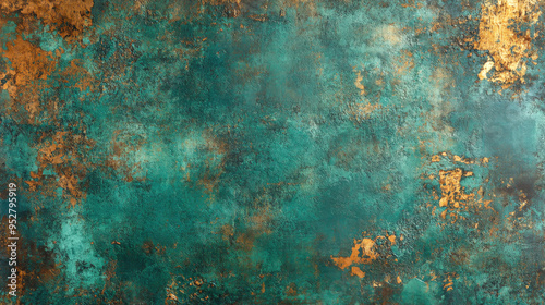 wallpaper featuring the turquoise-green patina of oxidised copper, capturing its rich, aged appearance to evoke a sense of vintage elegance and unique character