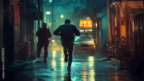 A thief sprints down a dimly lit urban alley while police pursue, with rain-soaked pavement glowing under streetlights, creating a dramatic nighttime atmosphere
