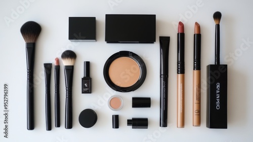 Flat lay of a beauty routine setup with various makeup products like foundation, lipstick, and brushes, arranged neatly on a white surface.