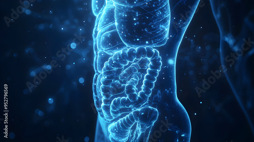 3D X-Ray Scan Blue Anatomy of Stomach and Bowel Visualization