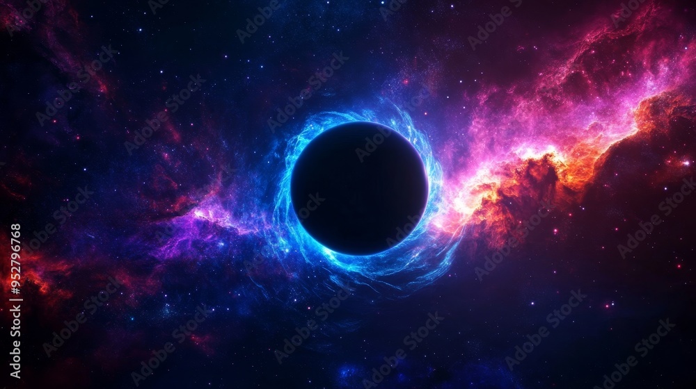 A captivating depiction of a black hole at the heart of a galaxy, with swirling cosmic dust and vibrant nebulas surrounding it. This image symbolizes the powerful forces of gravity, the vastness of sp A captivating depiction of a black hole at the heart of a galaxy, with swirling cosmic dust and vibrant nebulas surrounding it. This image symbolizes the powerful forces of gravity, the vastness of sp