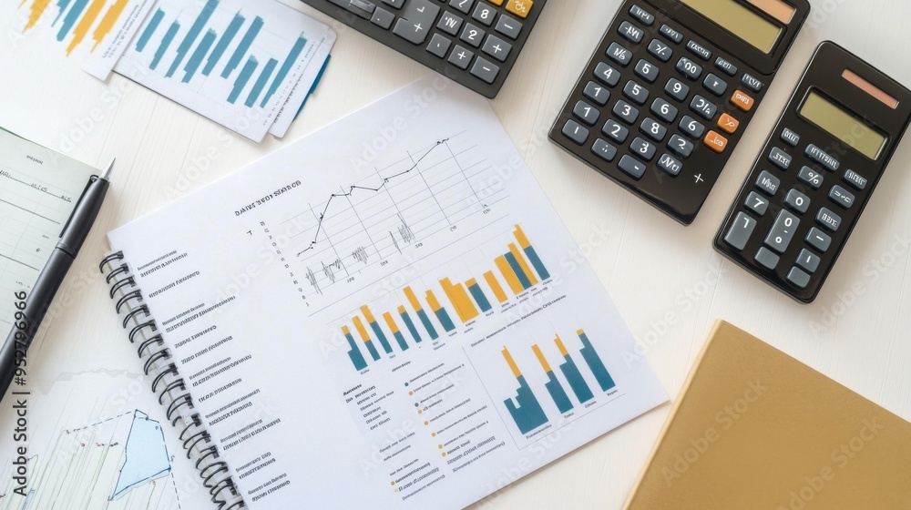 Flat lay of a business report with graphs, charts, and financial data, arranged on a white desk with a notebook, calculator, and pen. Flat lay of a business report with graphs, charts, and financial data, arranged on a white desk with a notebook, calculator, and pen.