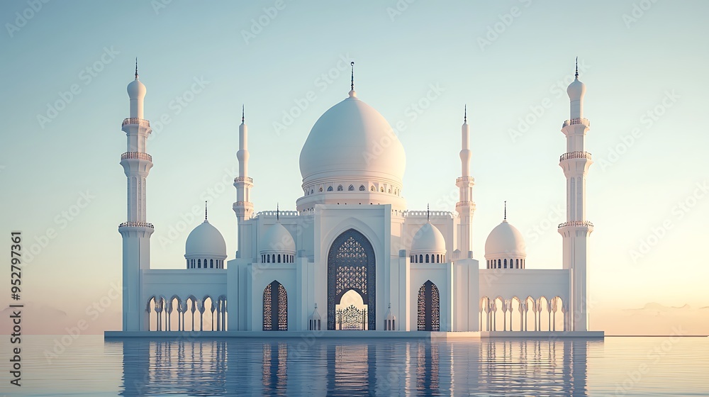 Fototapeta premium White Mosque Reflecting in Still Water at Sunset
