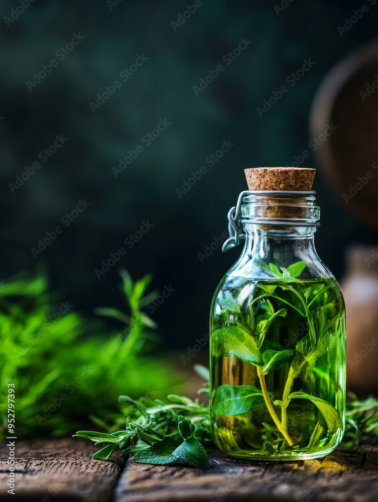 A clear glass bottle filled with vinegar and fresh herbs, floating in the liquid, creating a visually appealing and aromatic display. The bottle is placed on a rustic wooden surface, surrounded by spr A clear glass bottle filled with vinegar and fresh herbs, floating in the liquid, creating a visually appealing and aromatic display. The bottle is placed on a rustic wooden surface, surrounded by spr